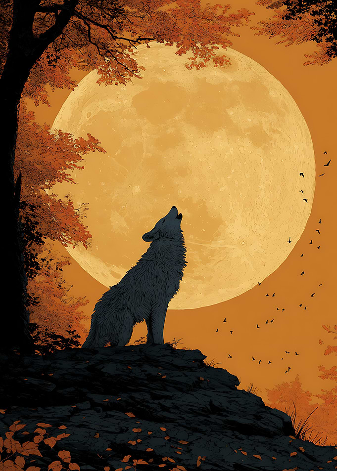 Wolf Howling at Full Moon
