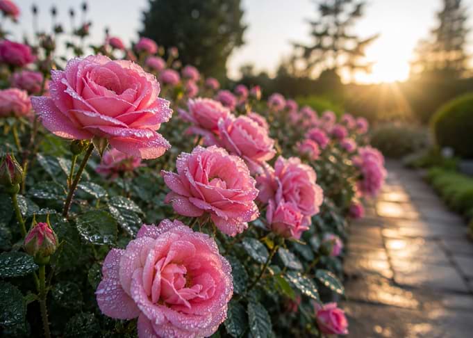 Dewy Pink Roses at Sunset