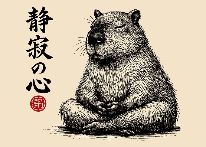 Zen Meditating Capybara Ink Illustration