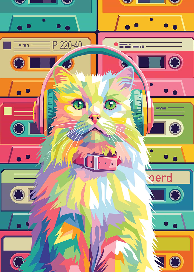 Colorful Pop Art Cat with Cassettes