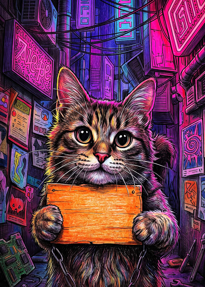 Cyberpunk Tabby Cat Holding Sign