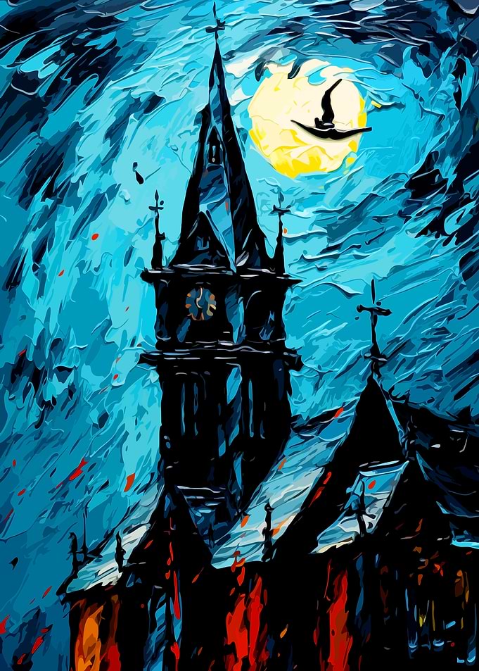 Witch Flying Past Gothic Church