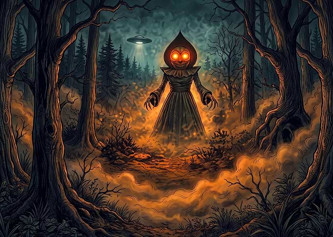 Eerie Alien Encounter in Dark Forest