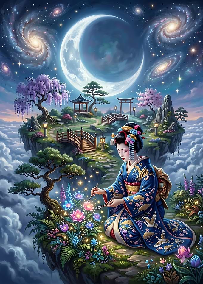 Geisha Tending Magical Floating Garden