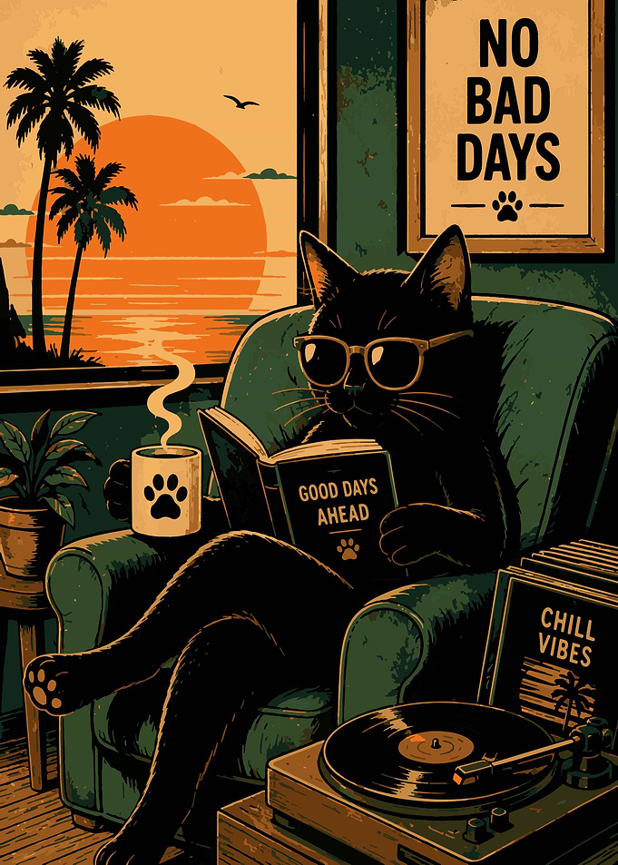 Cool Black Cat Reading by Sunset