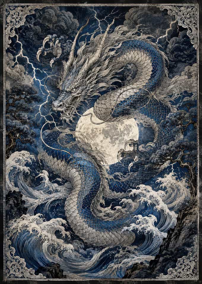 Majestic Blue Dragon Over Stormy Sea