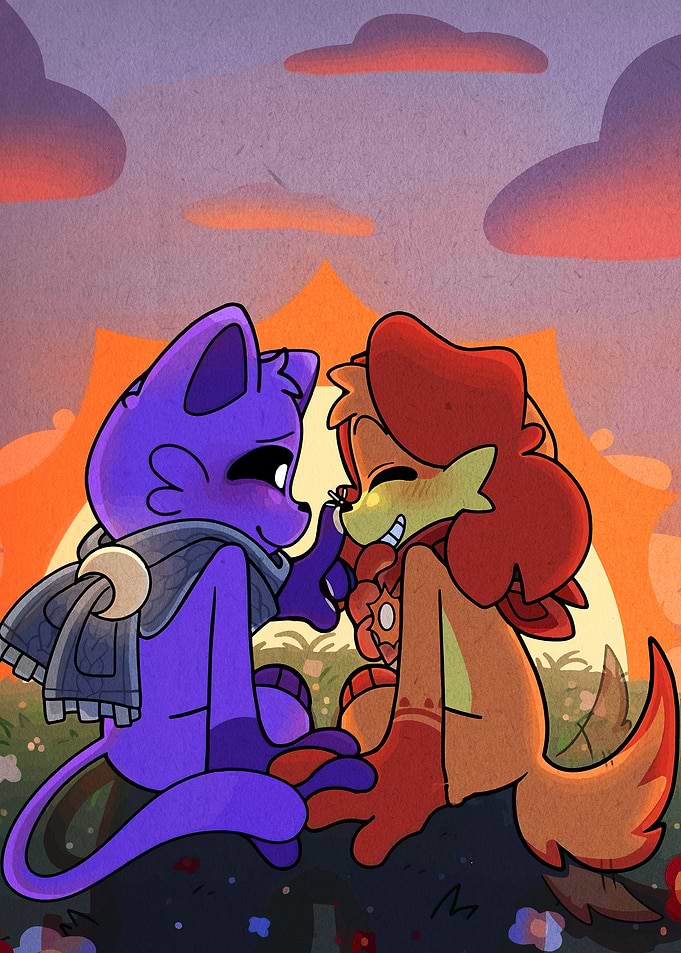Two Cute Cartoon Creatures at Sunset