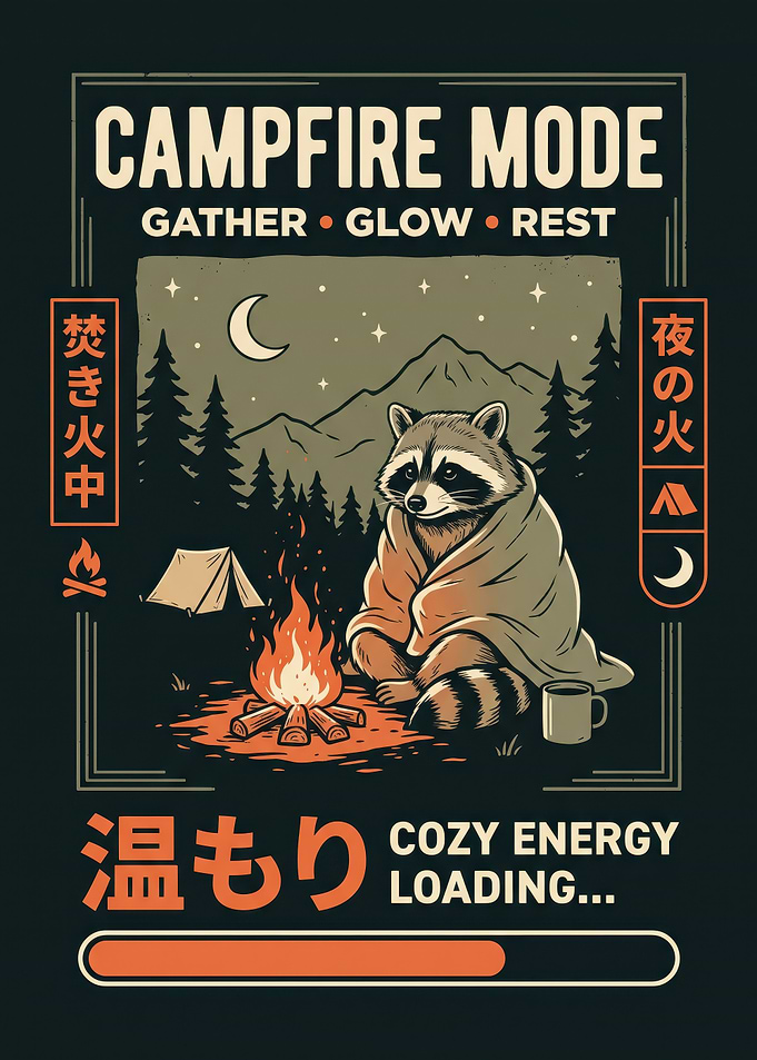 Cozy Raccoon Campfire Mode Poster