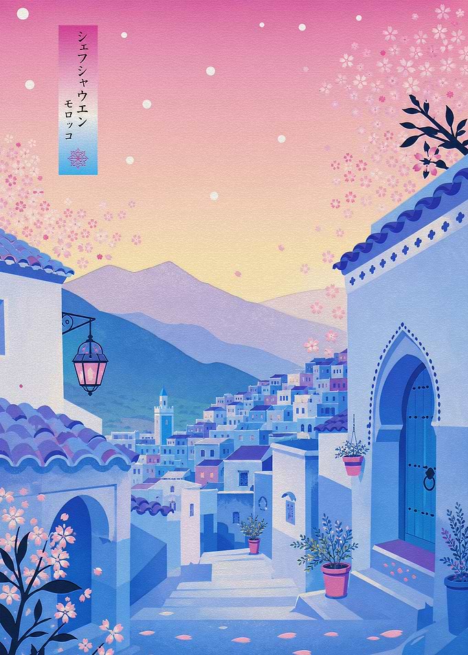 Chefchaouen Blue City Sunset Illustration