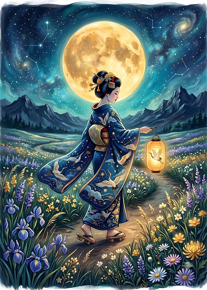 Geisha Walking Under Full Moon