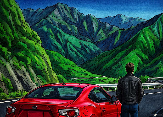 Man Standing by Red Subaru BRZ