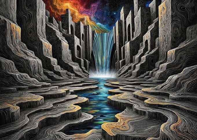 Surreal Cosmic Waterfall Landscape