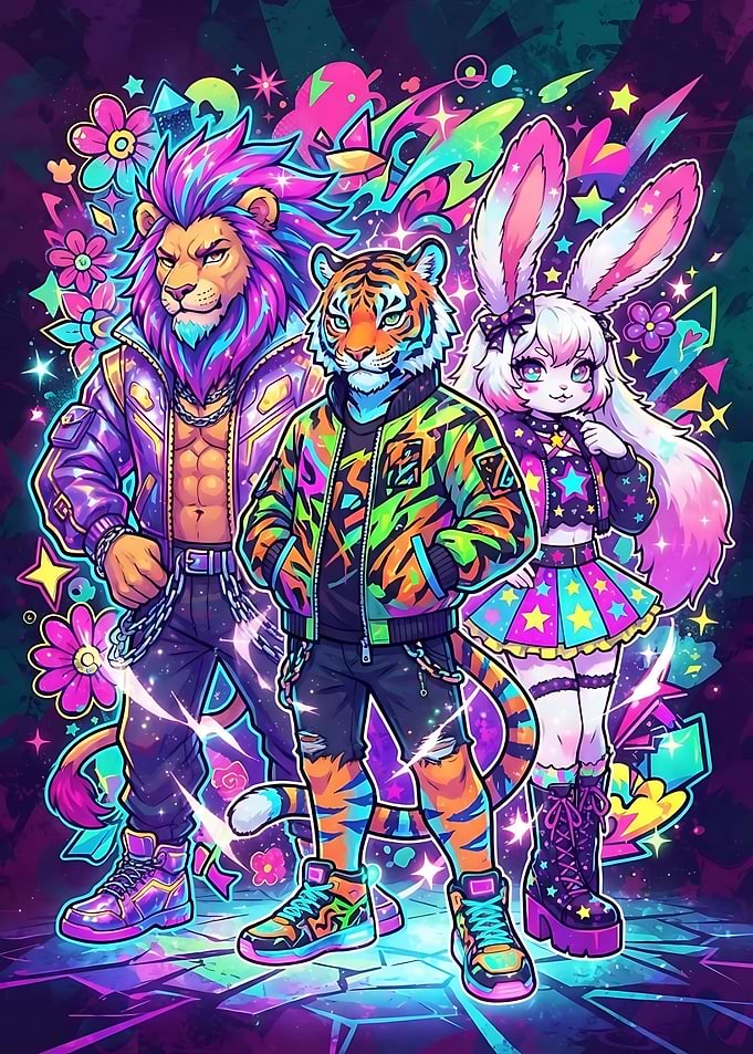 Neon Anthropomorphic Animal Trio