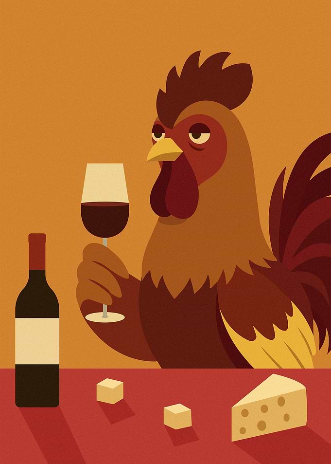 Rooster Enjoying Wine and Cheese