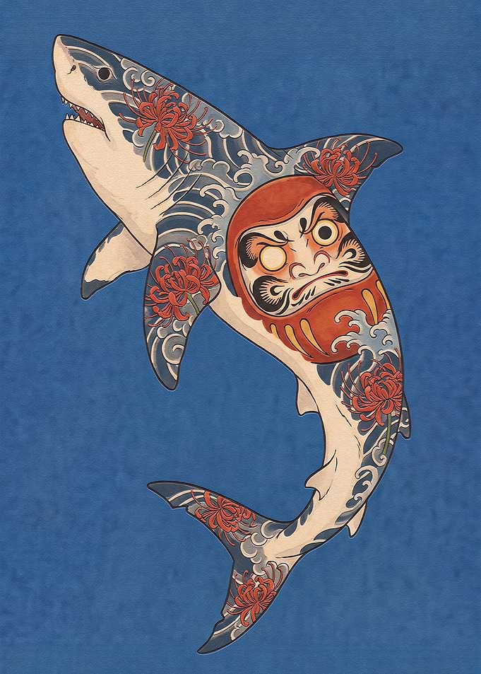 Irezumi Style Shark with Daruma Doll