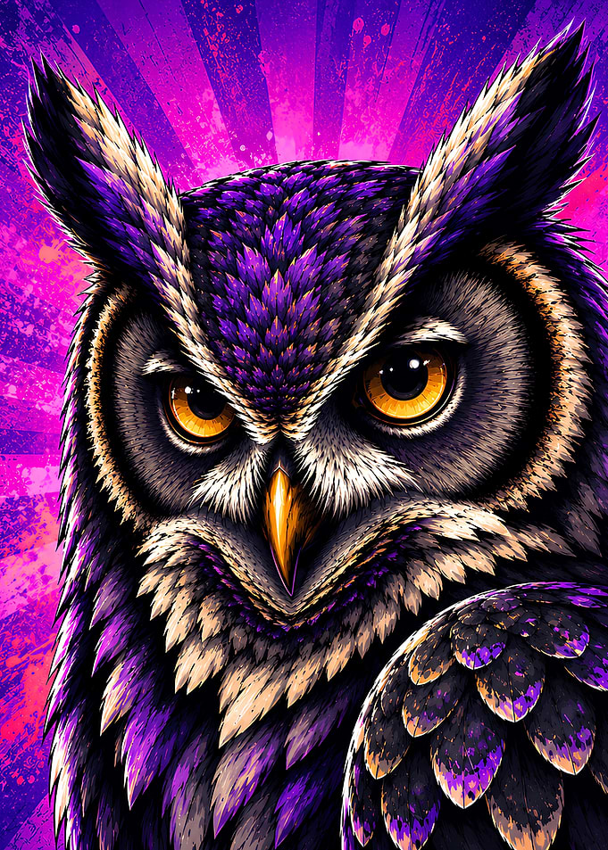 Vibrant Neon Purple Cyberpunk Owl Portrait