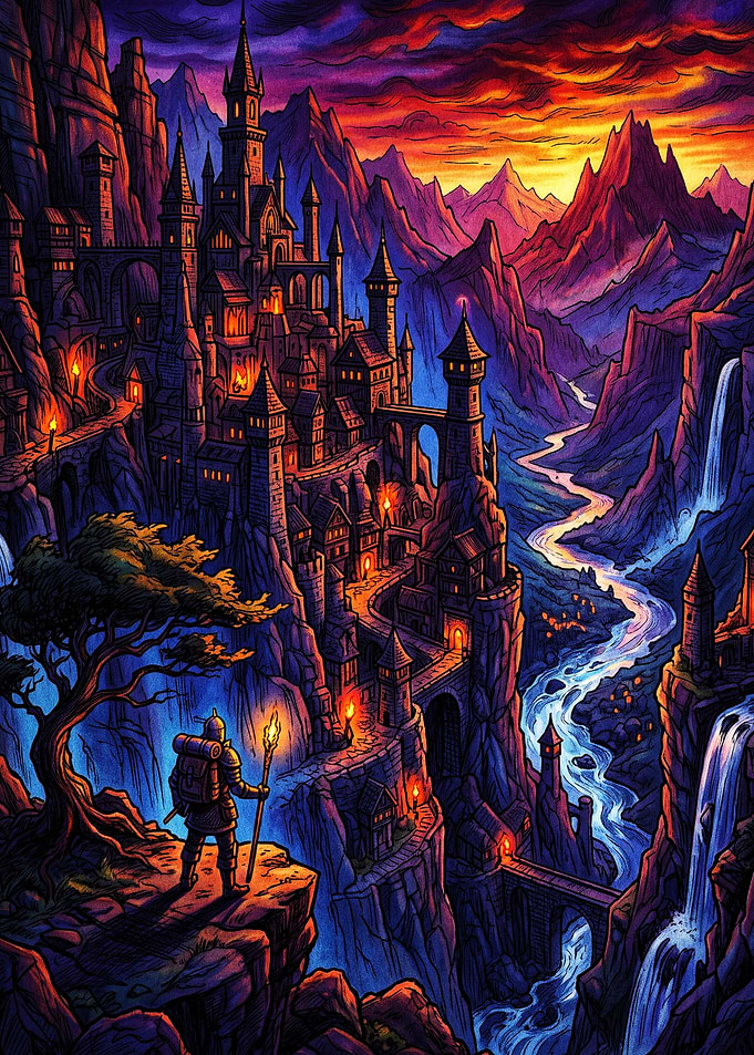 Fantasy Knight Approaching Mountain Castle