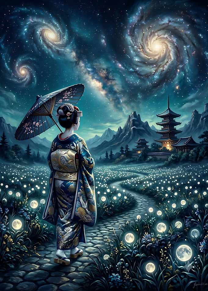 Geisha Walking Through Celestial Garden