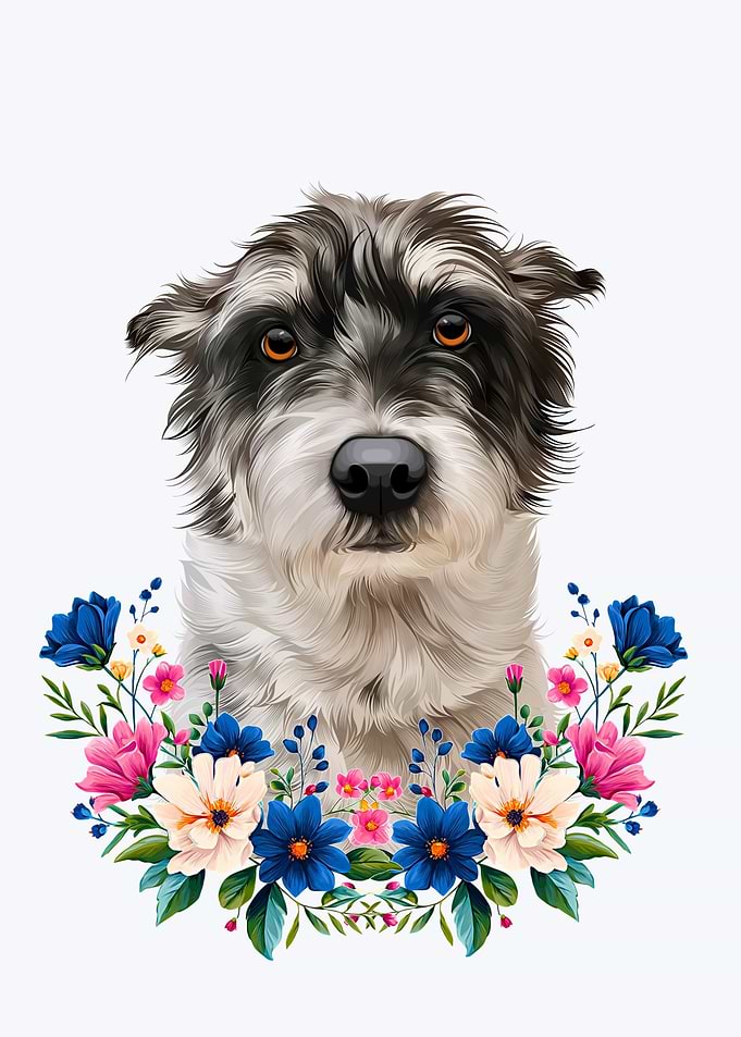 Portrait of a Dog with Flowers