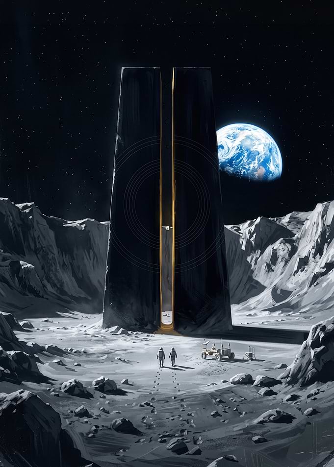 Astronauts Discovering Alien Monolith on Moon