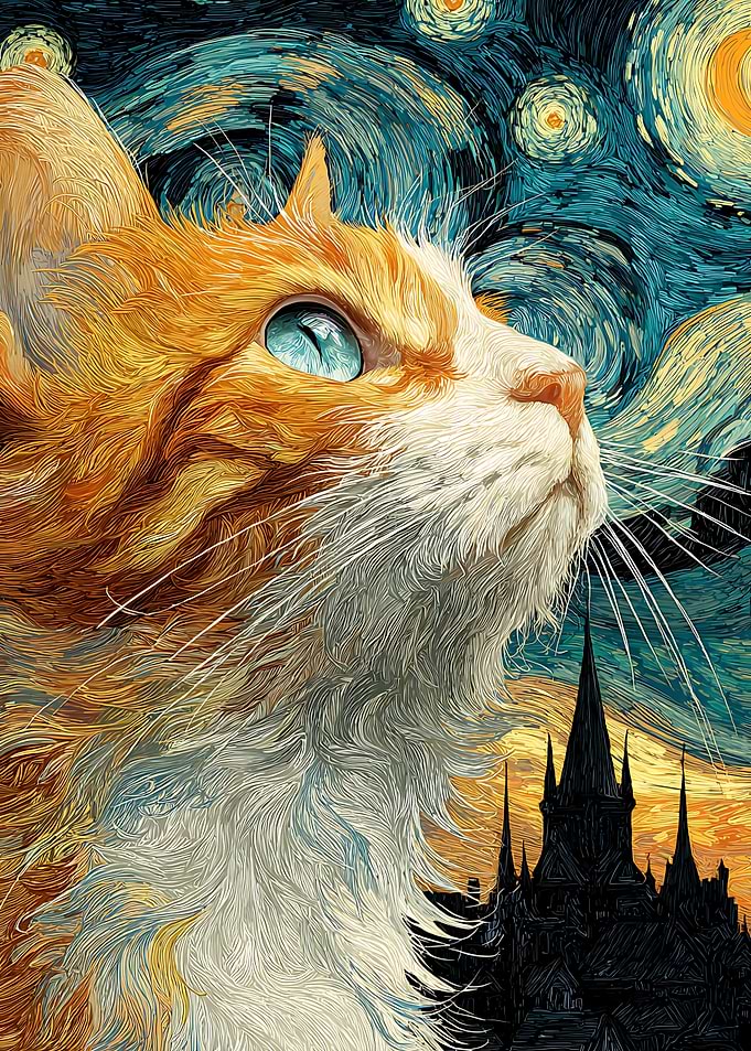 Ginger Cat in Starry Night Style
