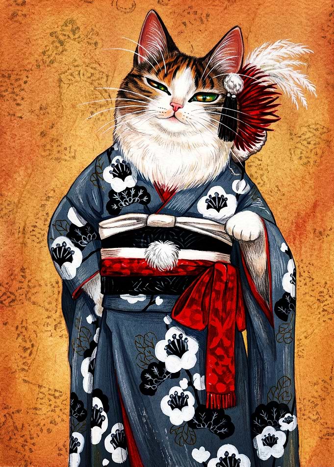 Elegant Cat in Traditional Kimono