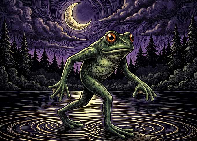 Anthropomorphic Frog Walking on Water
