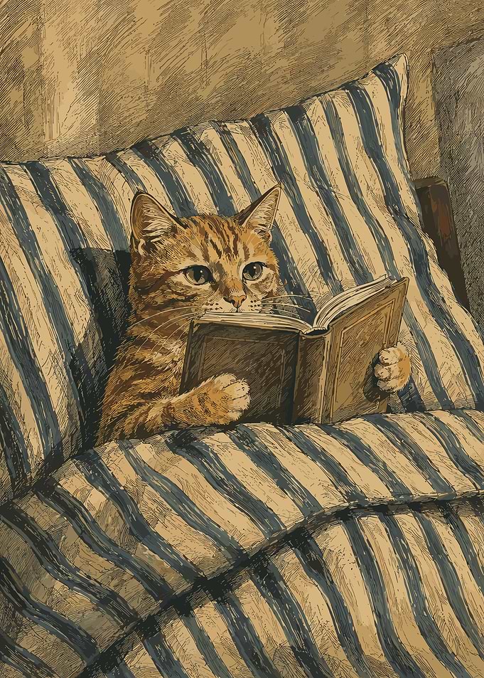Cozy Tabby Cat Reading a Book