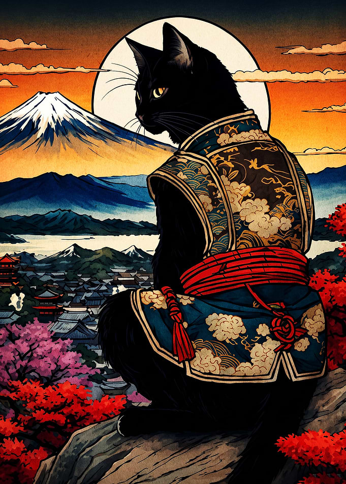 Black Cat Samurai Overlooking Mount Fuji