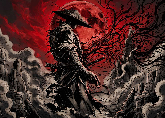 Samurai Warrior Under Red Moon