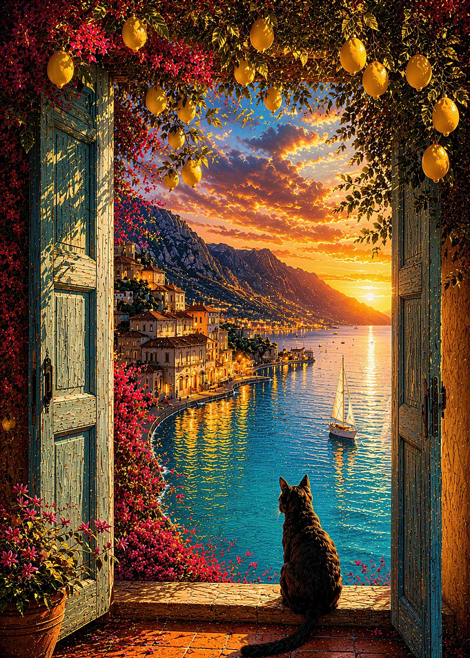 Cat Watching Sunset Over Mediterranean Coast