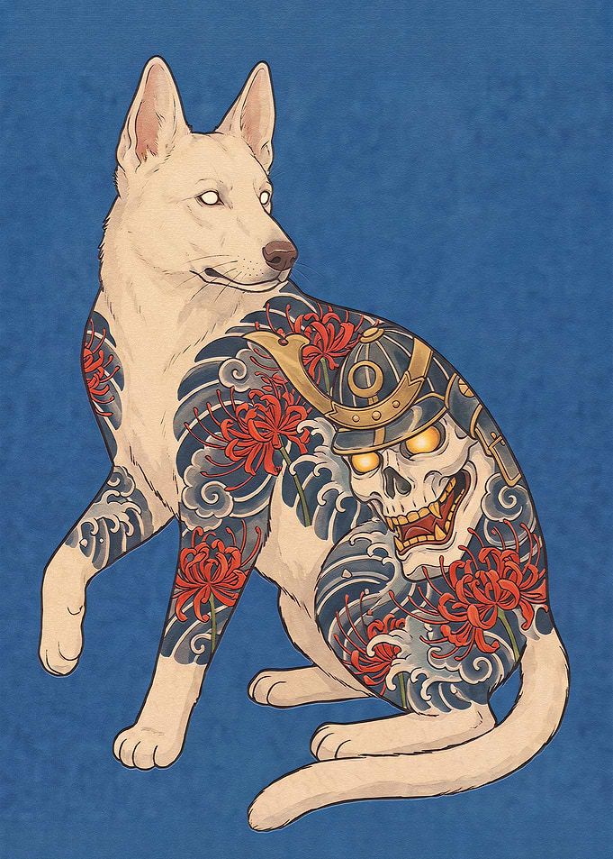 White Dog with Japanese Tattoo Art