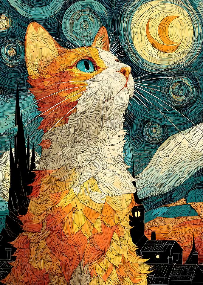 Cat in Starry Night Style
