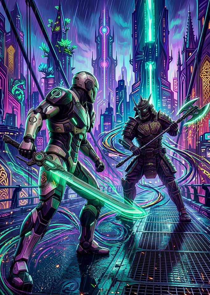 Cyberpunk Samurai Versus Futuristic Knight