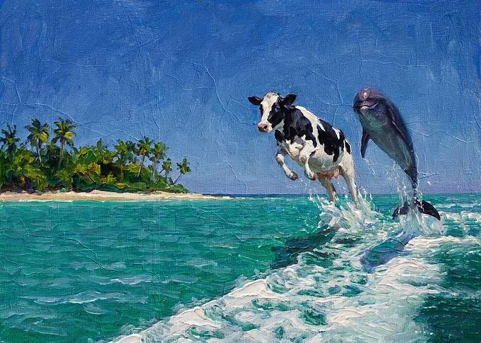 Cow and Dolphin Leaping Together