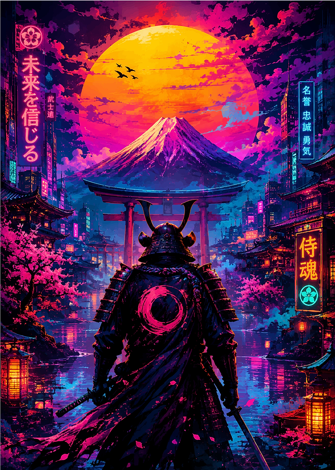 Cyberpunk Samurai Before Mount Fuji