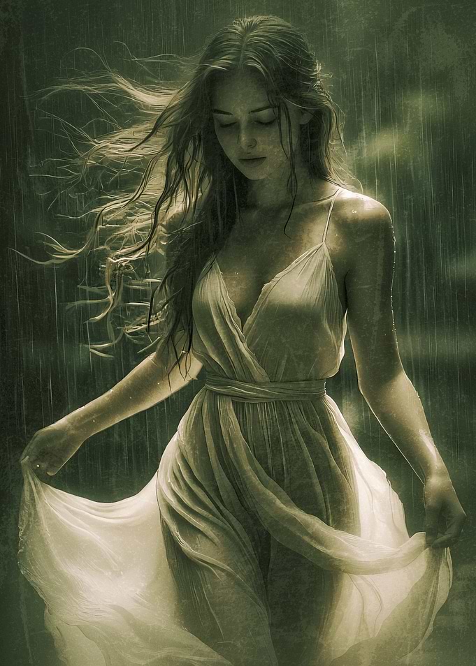 Woman in white dress in rain