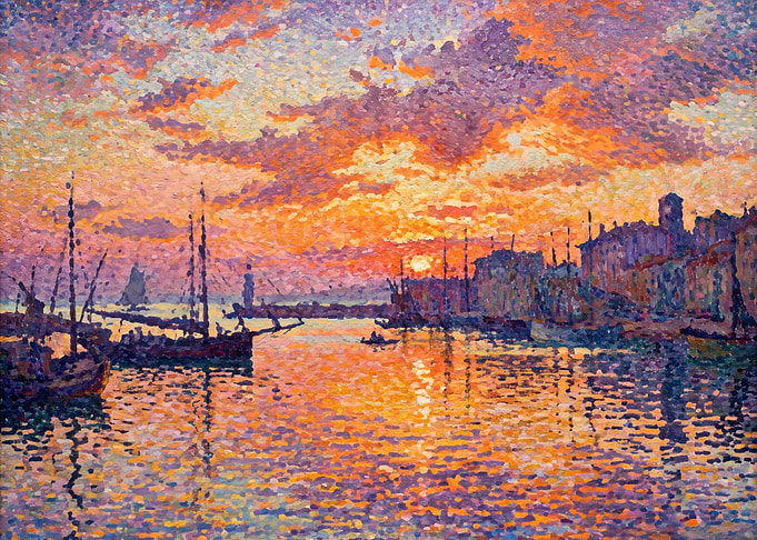 Pointillist Sunset Harbor Painting