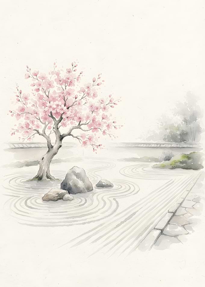 Watercolor Zen Garden with Cherry Blossom
