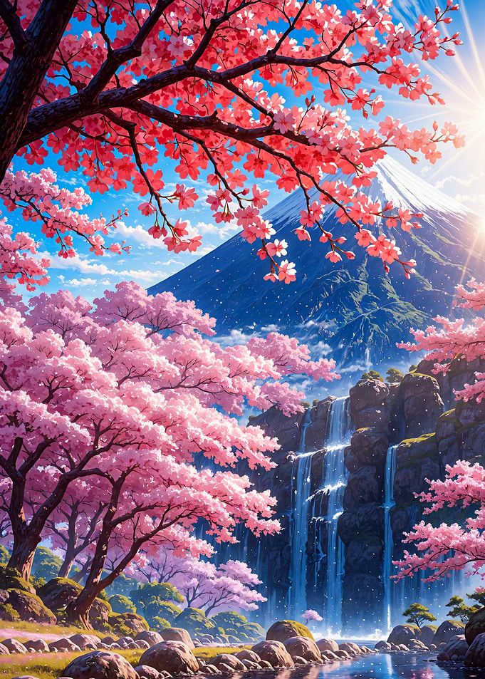 Japanese Mount Fuji with Cherry Blossoms