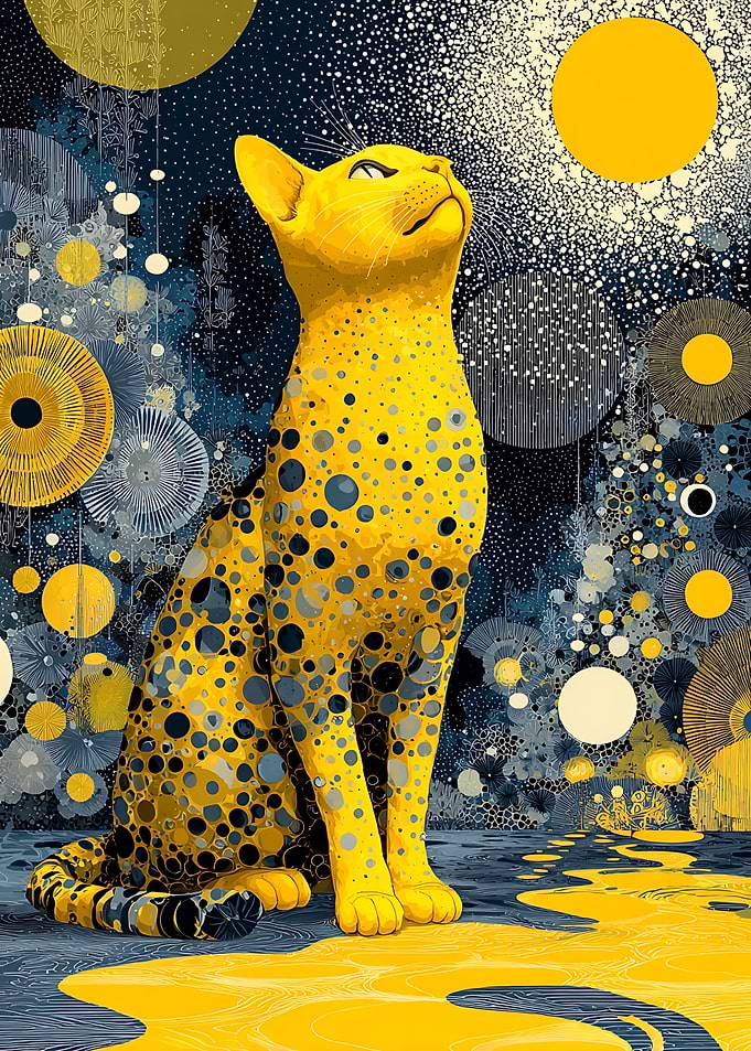 Polka Dot Cat Under Moonlit Sky