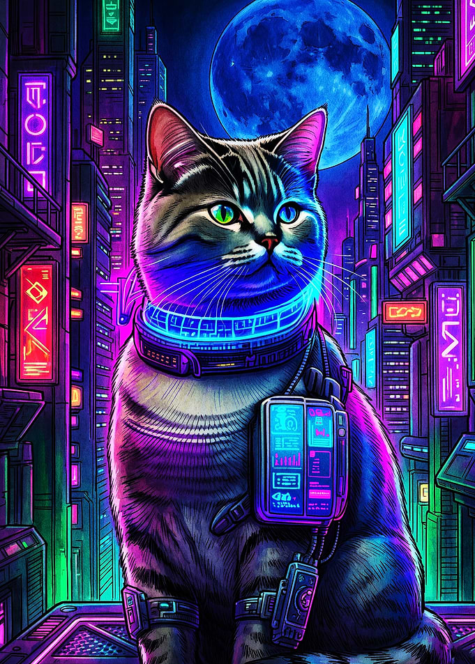 Cyberpunk Tabby Cat in Neon City