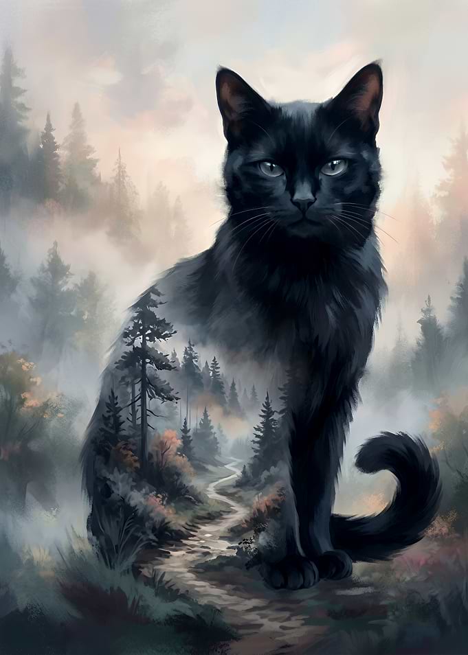Double Exposure Black Cat Forest Art