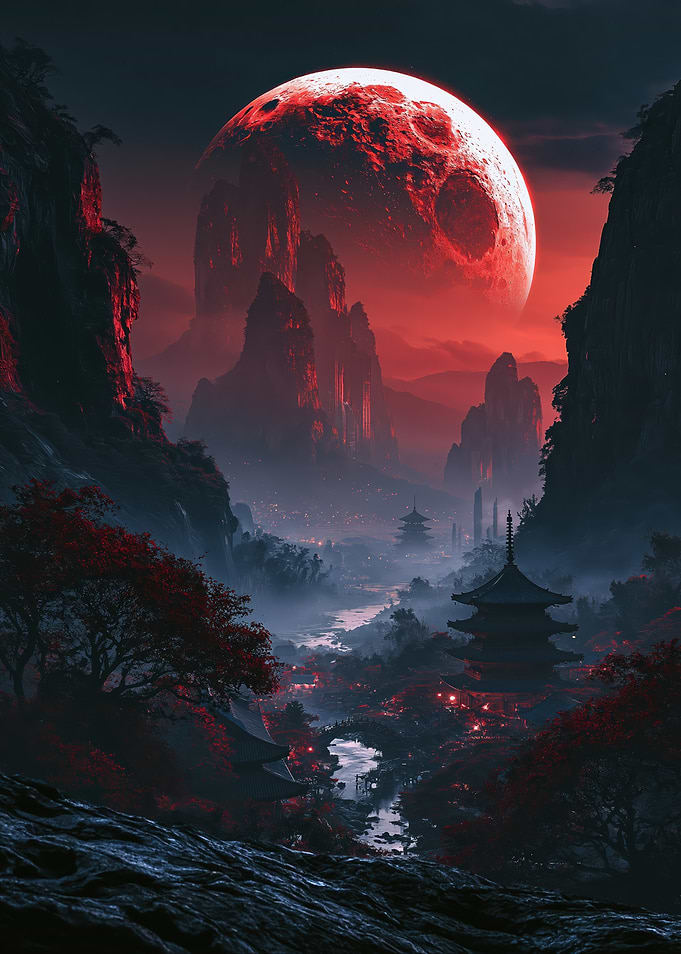 Red Moon Over Japanese Temple Valley