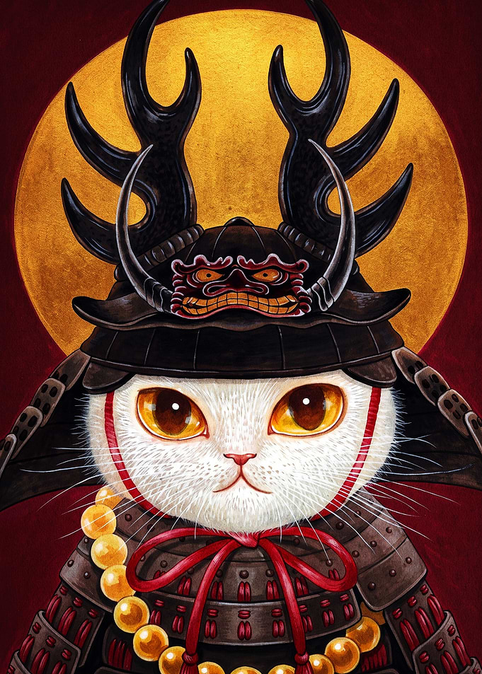 White Cat Samurai Warrior Portrait
