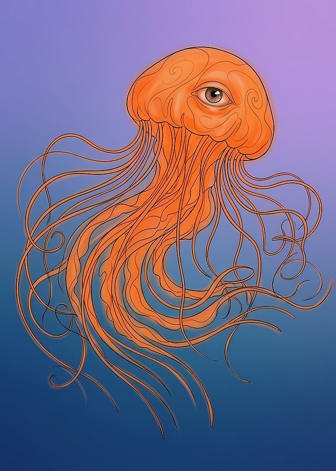 Surreal Orange Jellyfish with Human Eye