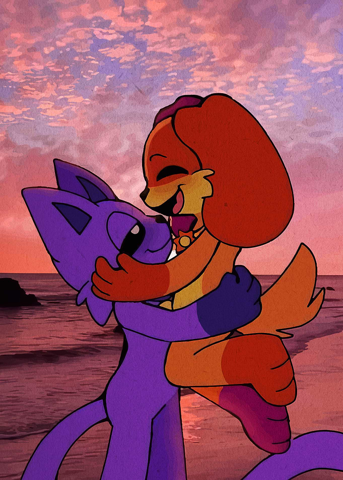 CatNap and DogDay Hugging at Sunset