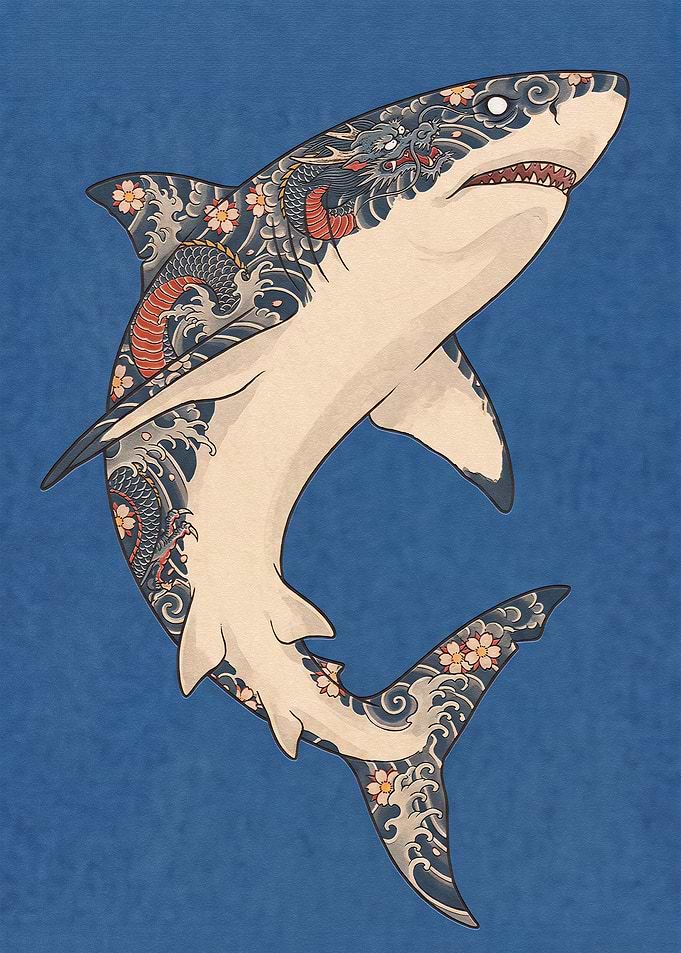 Japanese Tattoo Style Shark Illustration