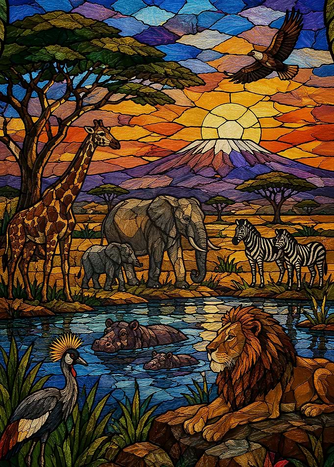 Stained Glass African Savanna Wildlife Scene