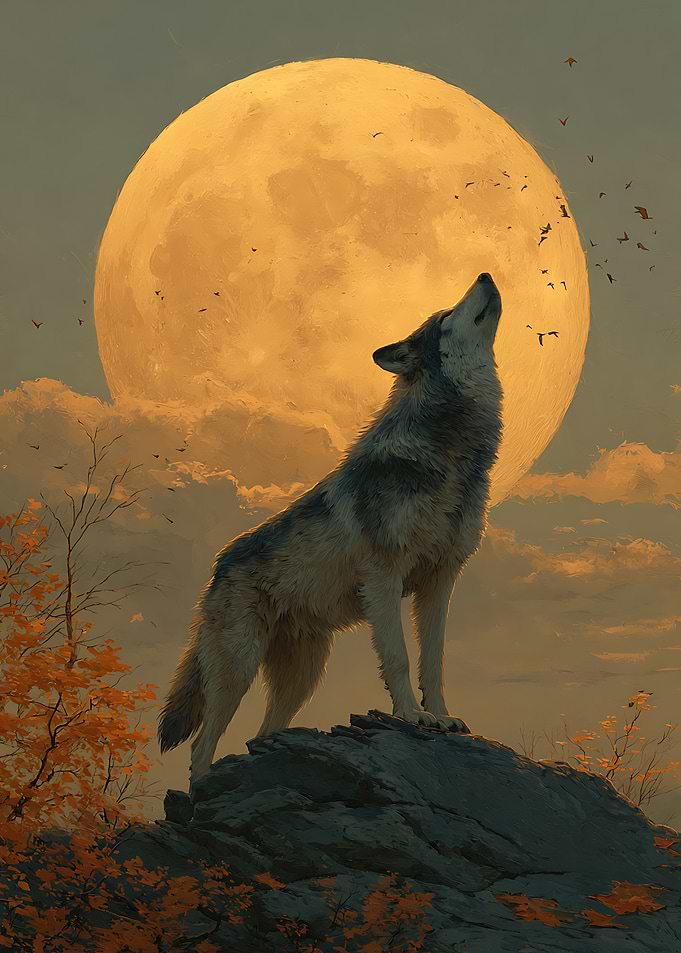 Wolf Howling at Golden Moon
